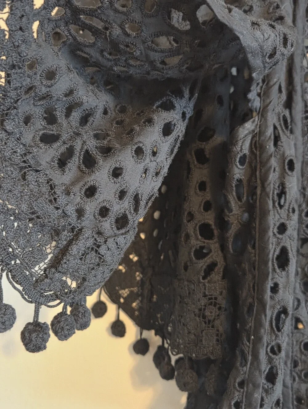 By Anthropologie Black Sheer Boat Neck Victorian Cutwork Eyelet Pom-Pom Top Sz S